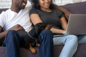 Image of a couple with their dog watching a movie